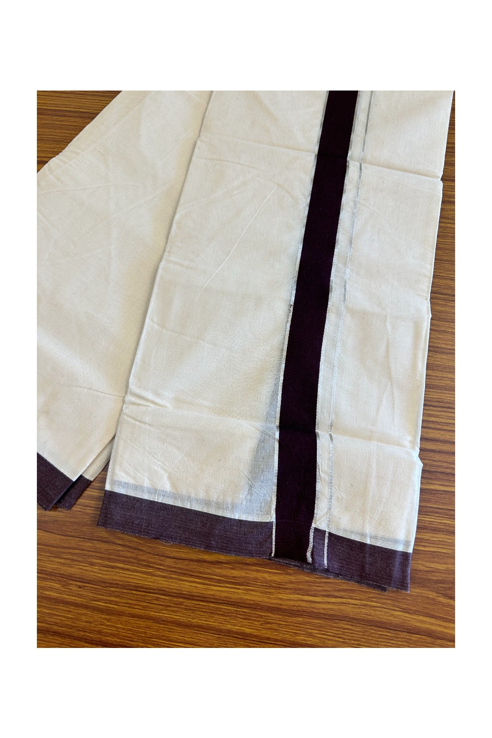 10% DISCOUNT! KaithariKada Balaramapuram 100% Cotton Double Off white Mundu/Dhoti-100X100- 1.75inch Brown & Silver  Kara- 26KK500KK