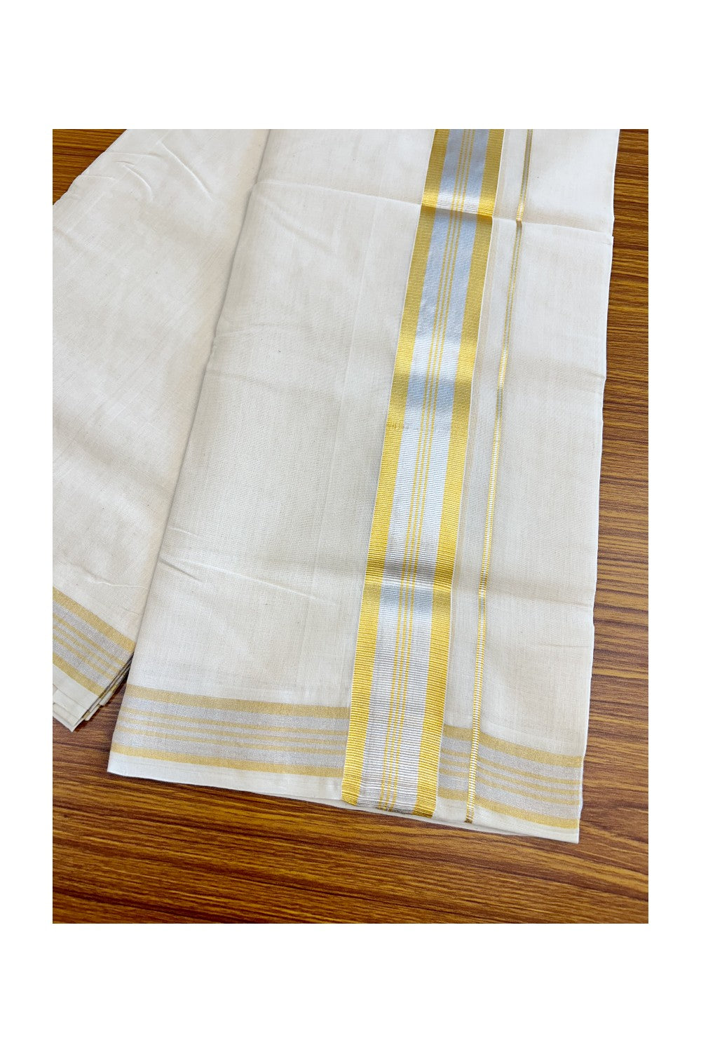 8% DISCOUNT! KaithariKada HANDLOOM Millpaav Balaramapuram - 100% PURE Cotton Off White -  Double Mundu/Dhoti - 2.75 inch Gold Kasavu & silver Stripes Kara - 26KK5029RAM