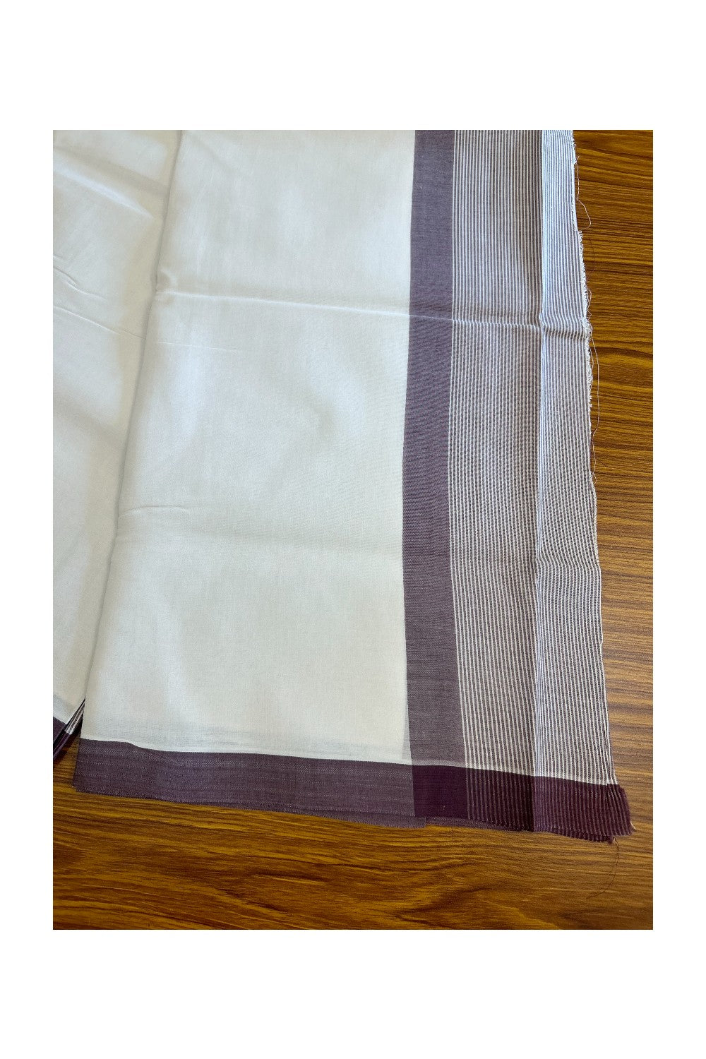 30% DISCOUNT!! KaithariKada Balaramapuram 100% Cotton PURE WHITE Double Mundu/Dhoti-100x100 -  5.25 inch Wine Purple & white striped kara - 26KK5043ASH