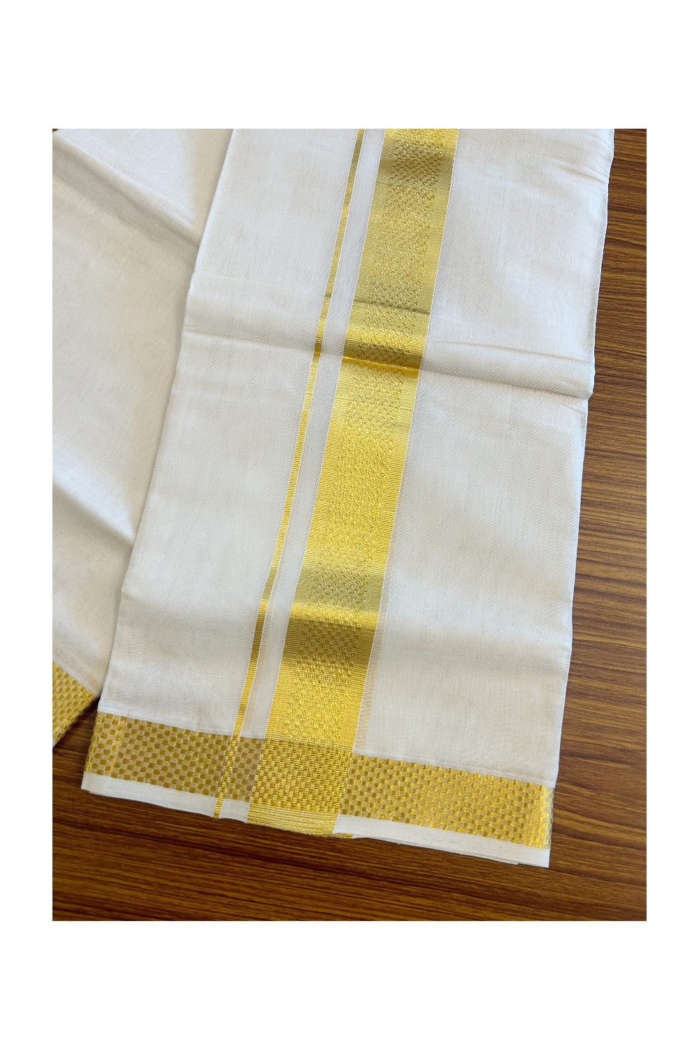 21% Discount KaithariKada HANDLOOM UNAKKUPAAV Balaramapuram - 100% PURE Cotton Double Mundu/Dhoti - 2.75inch Kasavu Square Design-99