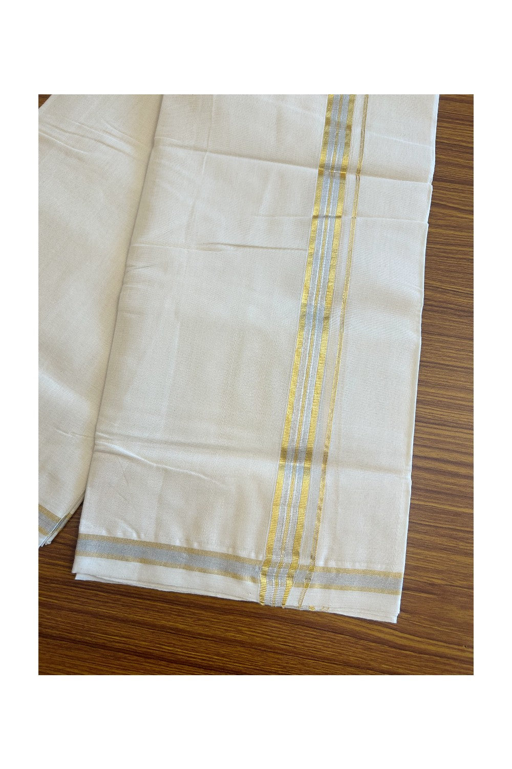 16% DISCOUNT ! KaithariKada HANDLOOM Millpaav Balaramapuram - 100% PURE Cotton Off White (Unbleached) Double Mundu/Dhoti - Silver & Gold KASAVU Stripes Design-18KK37RAM