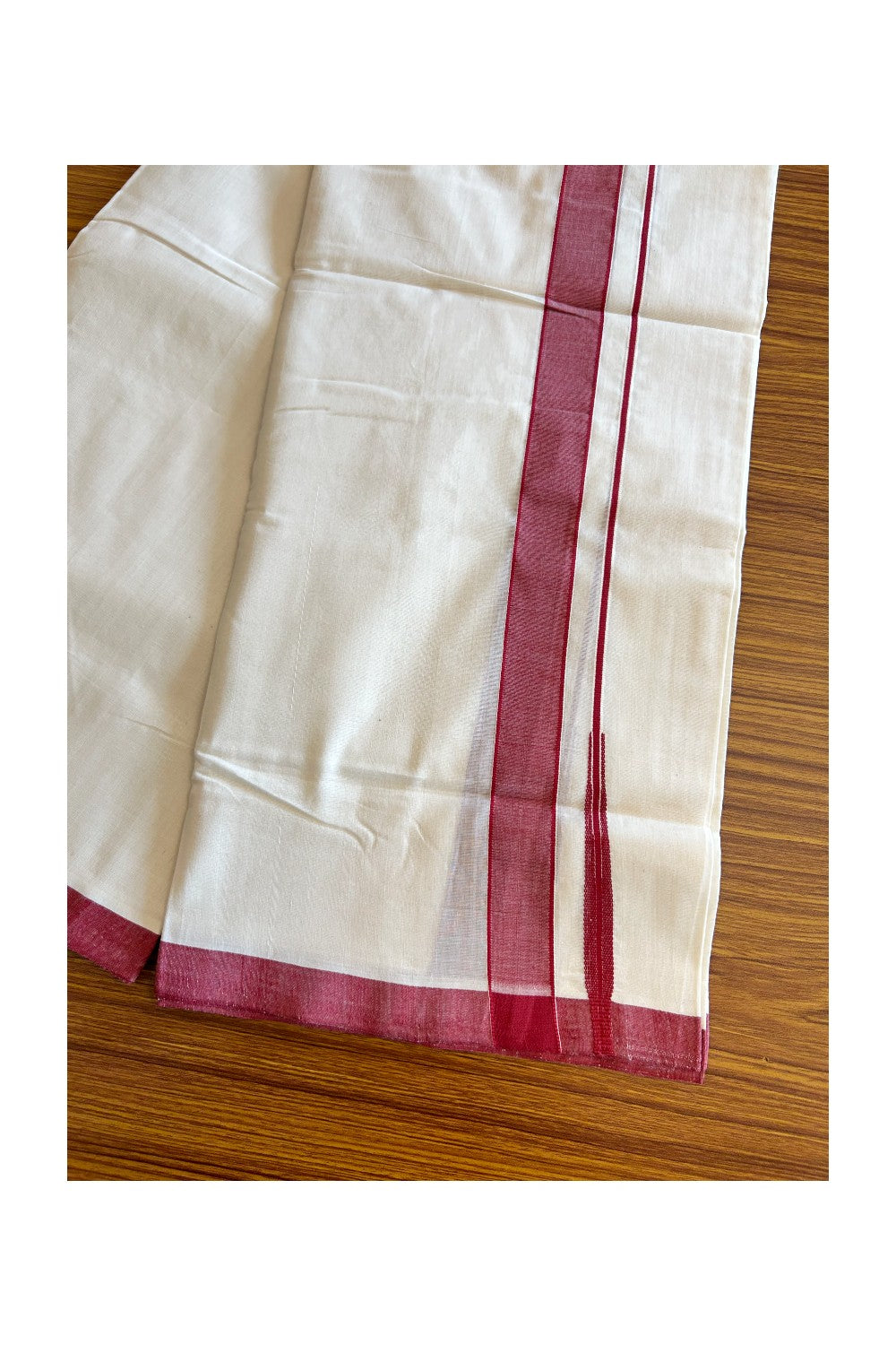 21% DISCOUNT!! KaithariKada HANDLOOM Unakkupaavu Balaramapuram - 100% PURE Cotton OFF White (Unbleached) Double Mundu/Dothi - 1.25 inch puliyilakkara Maroon chutty- 17KK400ASH