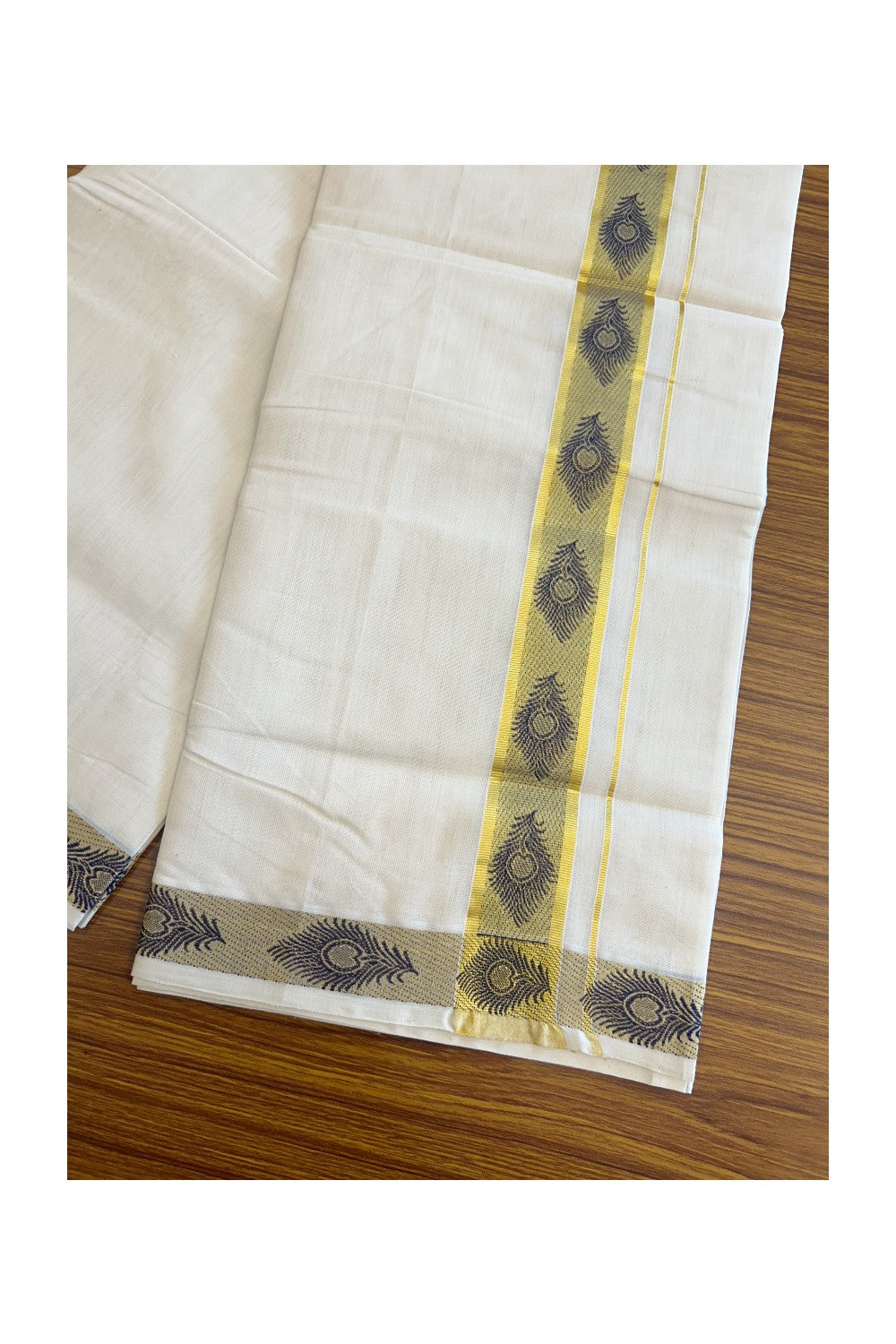 30% DISCOUNT ! KaithariKada HANDLOOM Unakkupaav Balaramapuram - 100% PURE Cotton Off White - (Unbleached) Double Mundu/Dhoti - 2.25 inch Gold Kasavu & Navy Blue Peacock Feather Design Kara - 26KK5105RAM