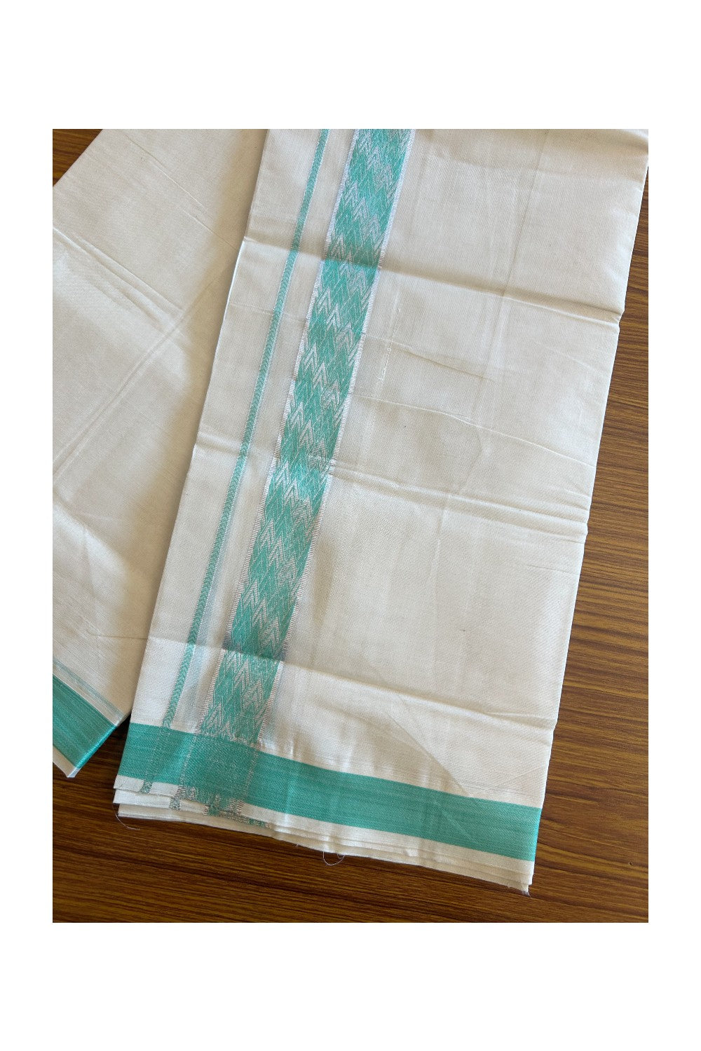 20% DISCOUNT ! KaithariKada Balaramapuram 100% Cotton Double off white  (Unbleached) Mundu/Dhoti - 100X90 - 2.25 inch Silver kasavu & Turquoise Green design kara - 26KK5113PMC