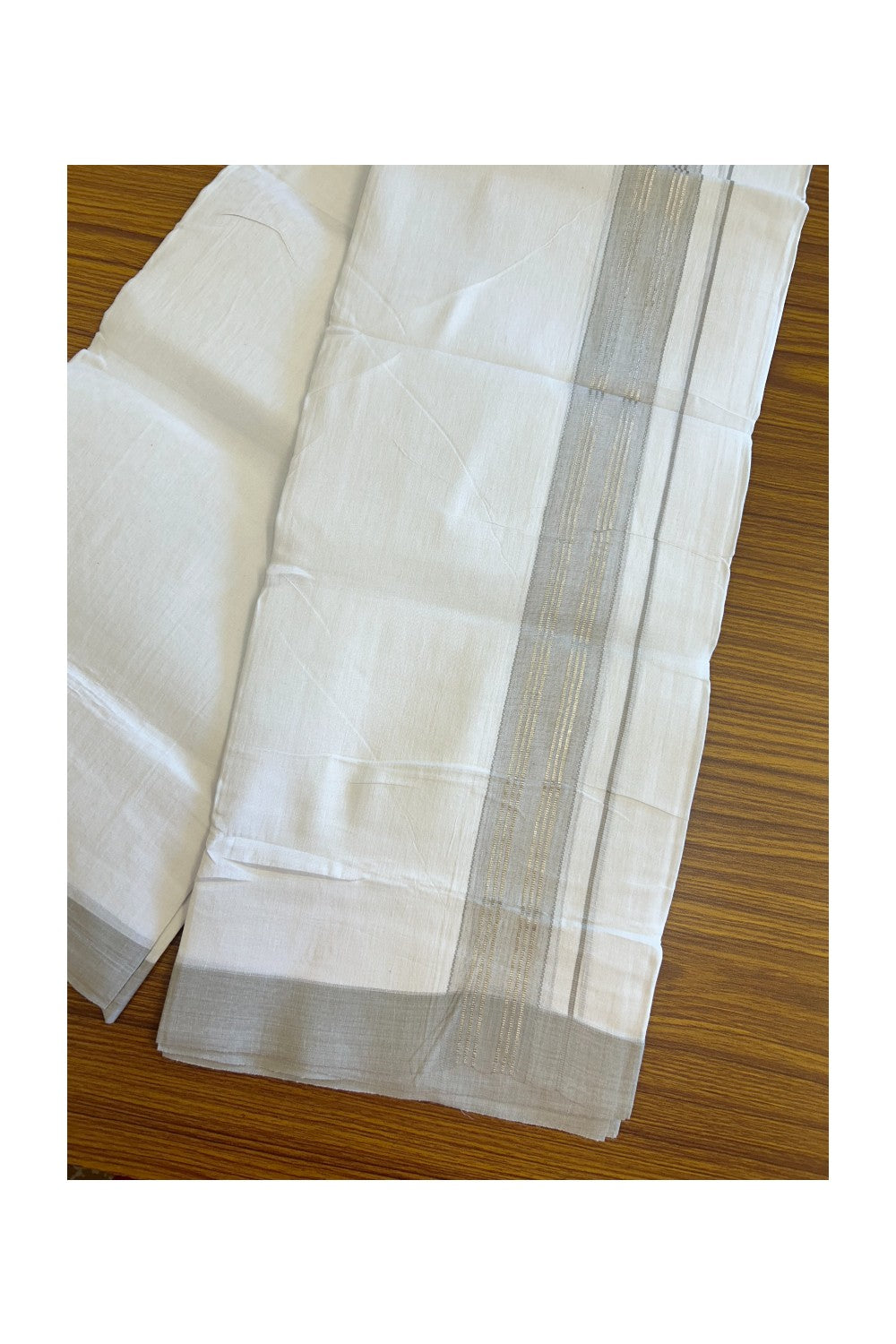 Linen Dhoti NEW! 20% Discount from Kaitharikada.com - Double Mundu/Dhoti 80x90 Thread PURE WHITE - Pure Cotton + Linen - 2.25 Inch Silver Kasavu Sage Grey Shaded design Kara - 45KK5115THI