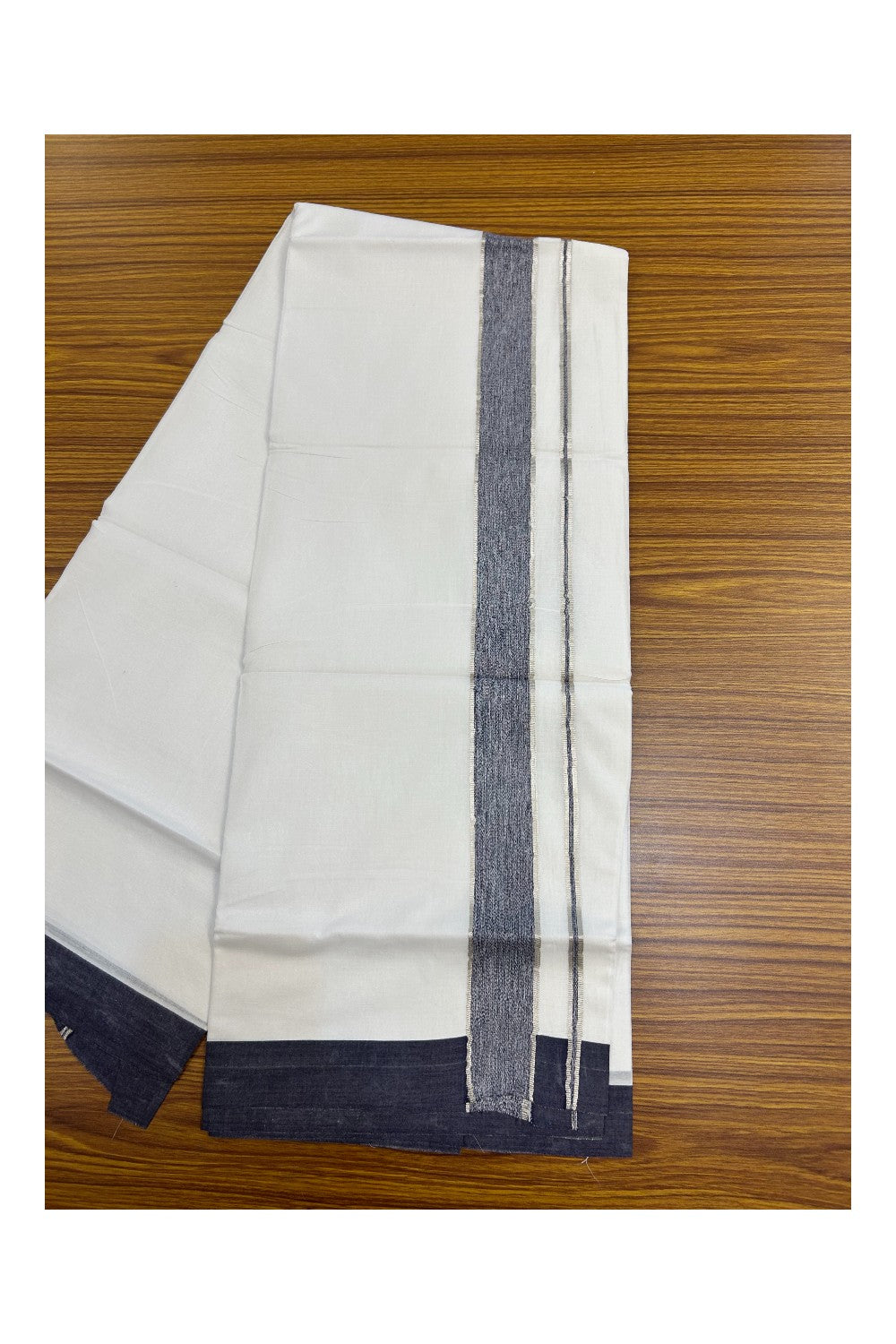 20% Discount !! KaithariKada Balaramapuram Double PURE WHITE Mundu/Dhoti- 100x80 - 1.5 inch Dark Navy Shaded Kara Silver Striped kara - 26KK5143PMC