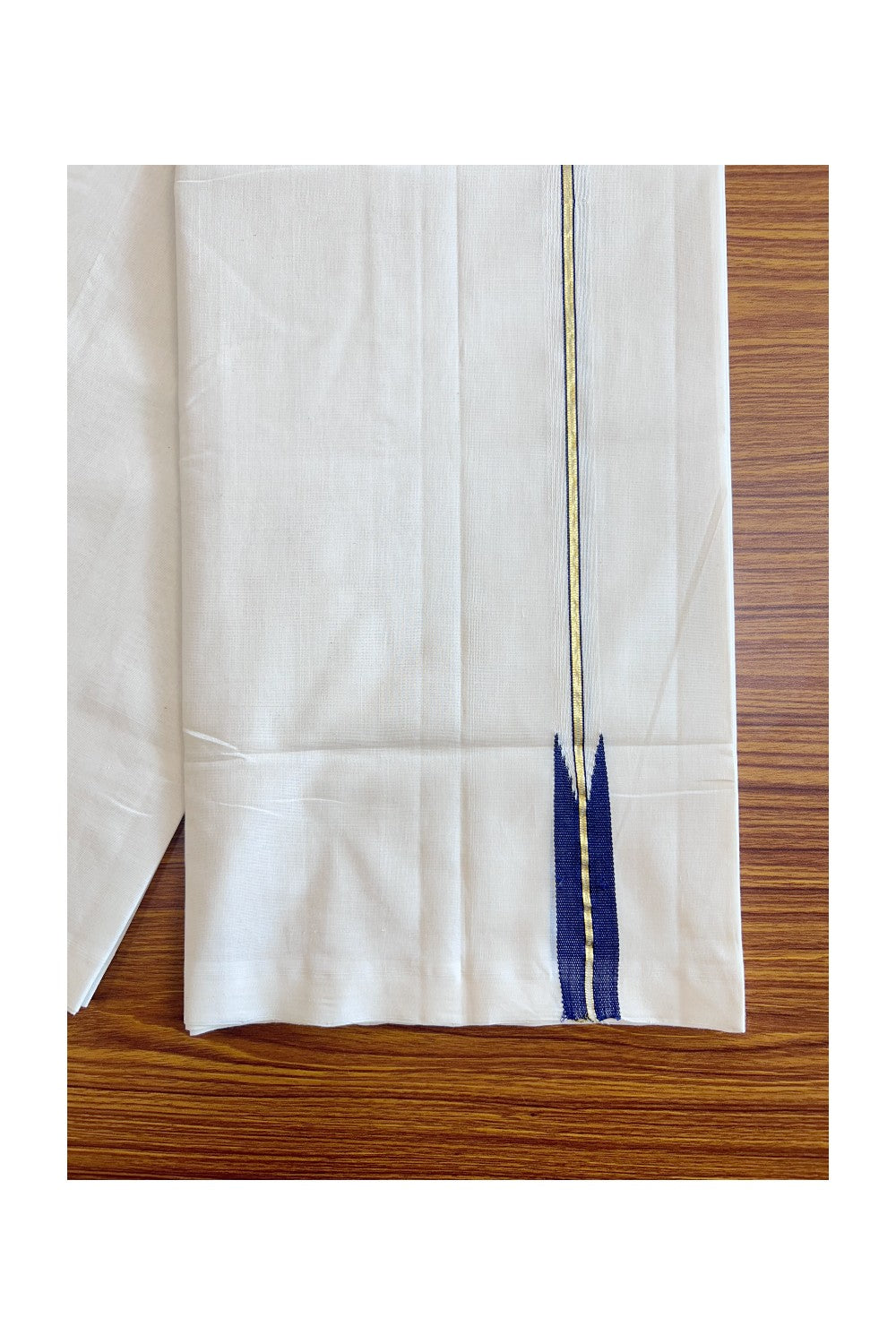 25% DISCOUNT!! KaithariKada HANDLOOM UNAKKUPAAV Balaramapuram - 100% PURE Cotton OFF White (Unbleached) Double Mundu/Dothi - Kasavu Deep Blue Chutty Puliyilakkara-26KK56RAM