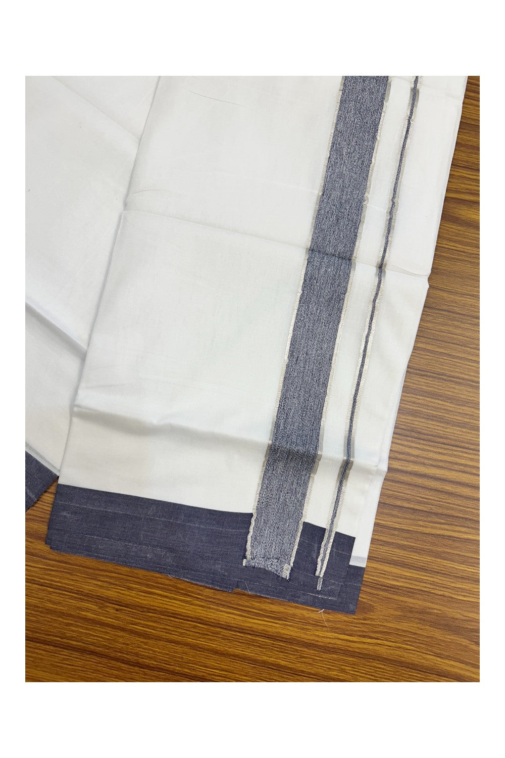 20% Discount !! KaithariKada Balaramapuram Double PURE WHITE Mundu/Dhoti- 100x80 - 1.5 inch Dark Navy Shaded Kara Silver Striped kara - 26KK5143PMC