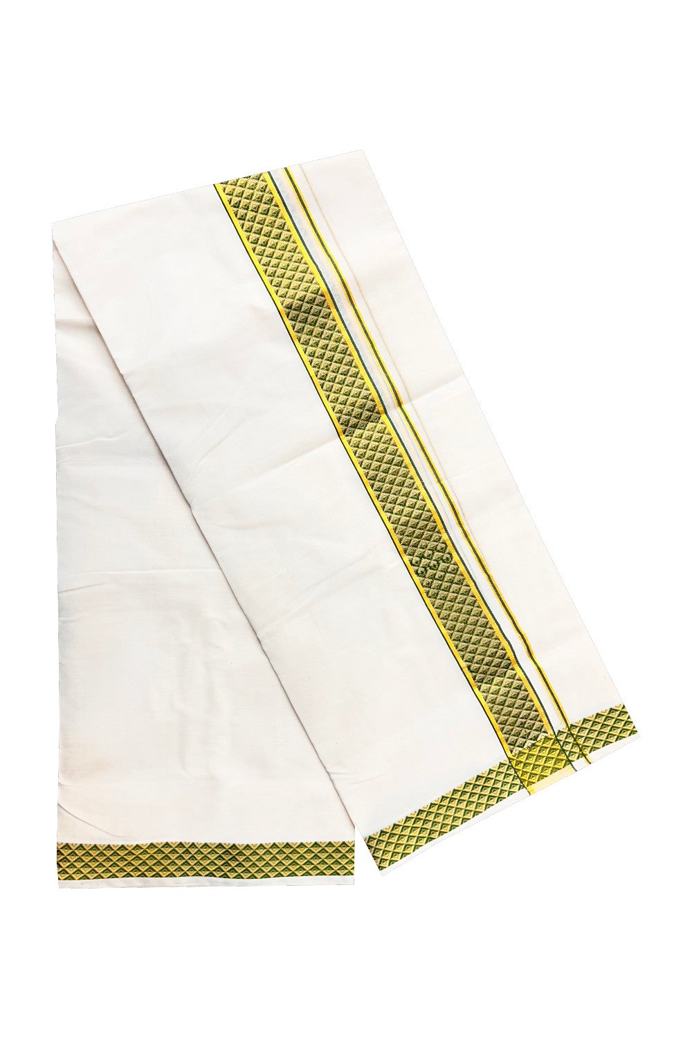 18 % DISCOUNT ! KaithariKada HANDLOOM Unakkupaav Balaramapuram - 100% PURE Cotton 3.75 Meter Off White Double Mundu/Dhoti - Green Check & KASAVU DESIGN 2.5 Inch KARA- ABH27