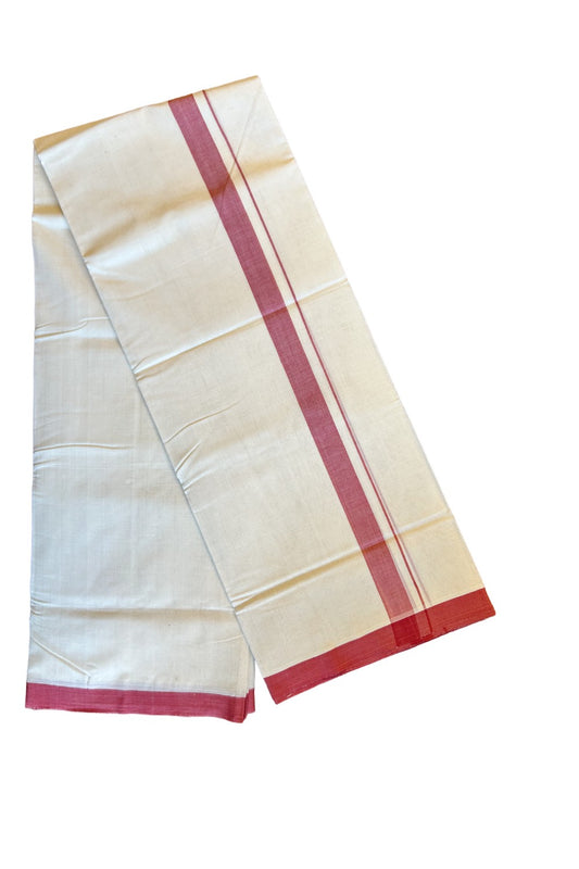 20% DISCOUNT!! KaithariKada HANDLOOM UNAKKUPAAV Balaramapuram - 100% PURE Cotton OFF White (Unbleached) Double Mundu/Dothi - 1.5 Inch Light Maroon Mulloth Kara - 27KK456KK