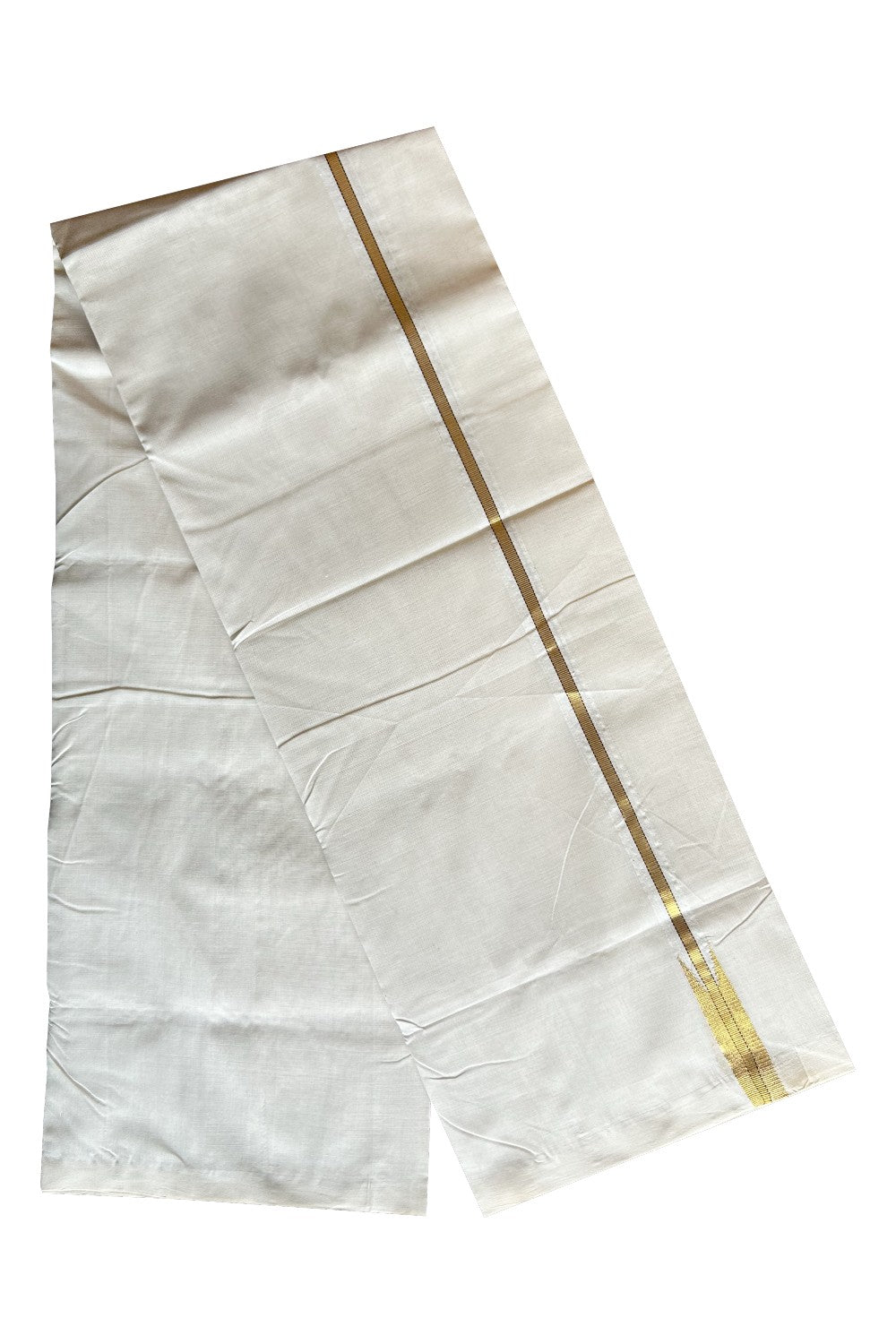 17% DISCOUNT!! KaithariKada HANDLOOM Millpaav Balaramapuram - 100% PURE Cotton OFF White Double - (Unbleached) Mundu/Dothi - 2 cm Puliyilakkara chutty gold Kasavu with brown doted kara - 27KK462RAM