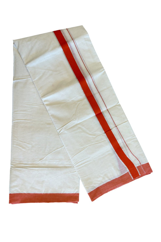 10% DISCOUNT! KaithariKada Balaramapuram 100% Cotton Double Off white - (Unbleached) Mundu/Dhoti-100X100- 2 inch Orange & Silver  Kara- 27KK500KK