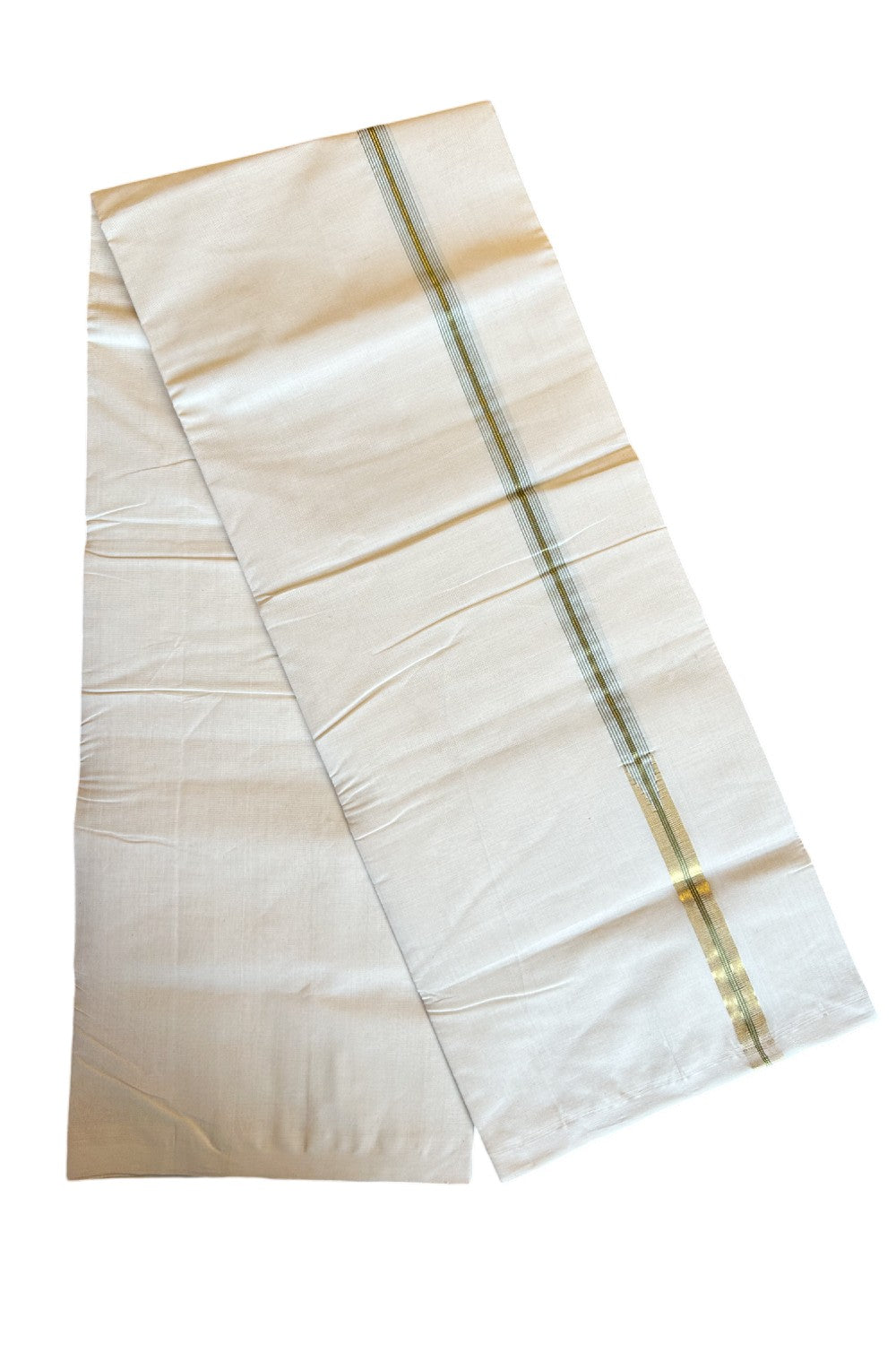 17% DISCOUNT!! KaithariKada HANDLOOM Millpaav Balaramapuram - 100% PURE Cotton OFF White Double - (Unbleached) Mundu/Dothi - 0.75 inch Puliyilakkara long chutty Kasavu & Sage Green stripes kara - 27KK5011RAM