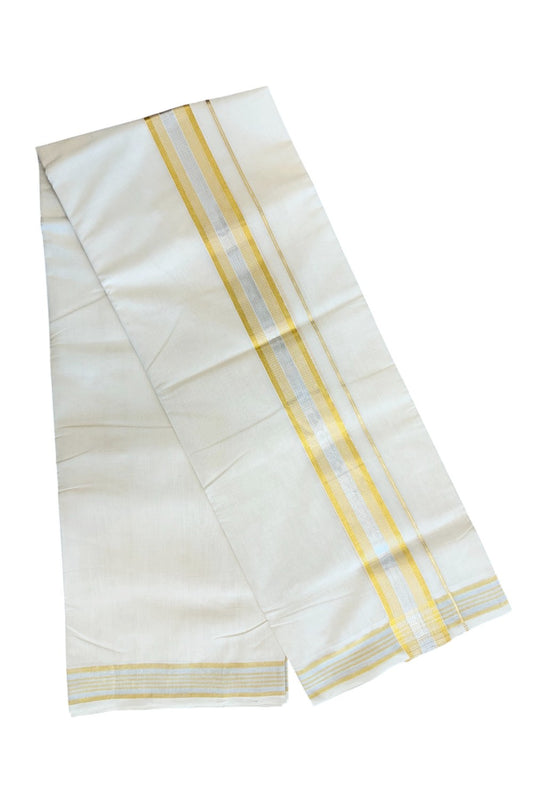 8% DISCOUNT! KaithariKada HANDLOOM Millpaav Balaramapuram - 100% PURE Cotton Off White -  Double Mundu/Dhoti - 2.85 inch Gold Kasavu & silver Stripes Kara - 27KK5029RAM