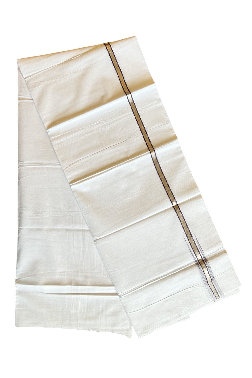 8% Discount ! Kaitharikada Balaramapuram 100% Cotton PURE WHITE Double Mundu/Dothi- 0.5 inch Silver Kasavu & Dark Brown Striped Chutty Kara - 27KK5032GAN