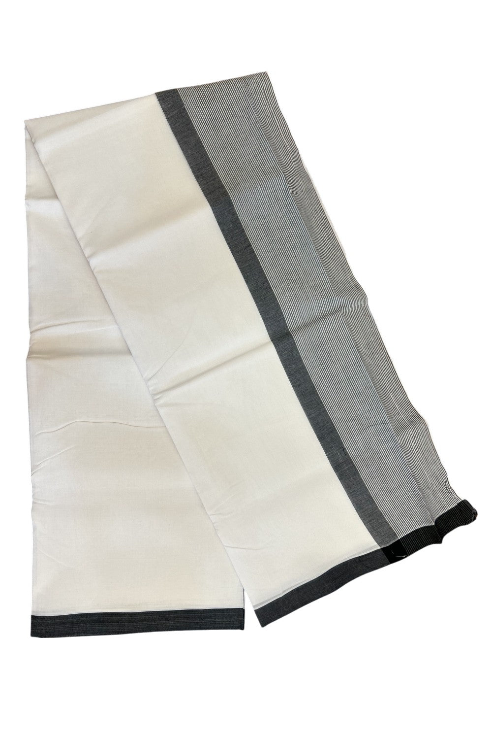 30% DISCOUNT!! KaithariKada Balaramapuram 100% Cotton PURE WHITE Double Mundu/Dhoti-100x100 - 5 inch Black & white striped kara - 27KK5043ASH