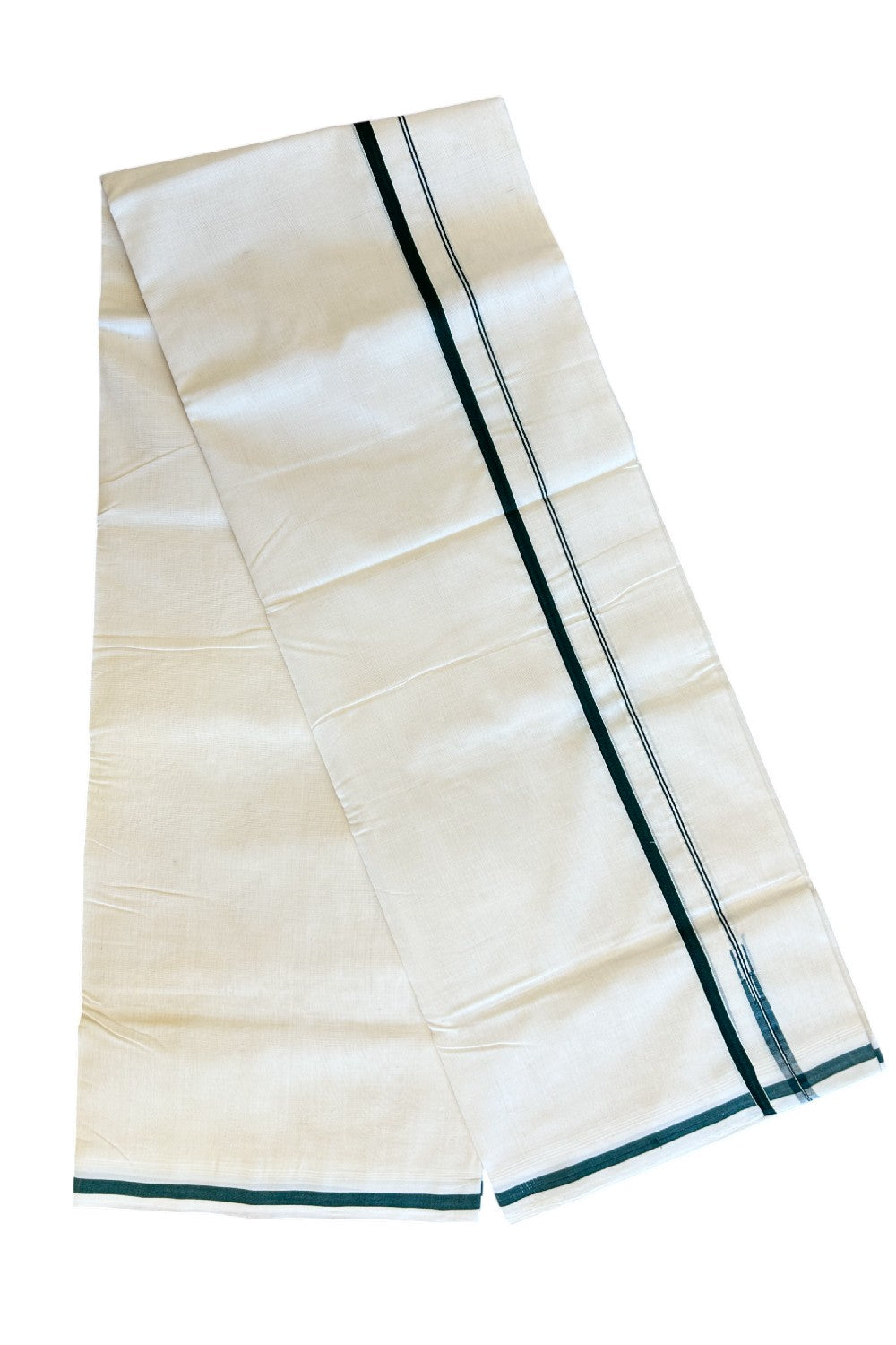 21% Discount KaithariKada HANDLOOM UNAKKUPAAV Balaramapuram - 100% PURE Cotton off white (Unbleached) Double Mundu/Dhoti -  1.cm PULIYILAKKARA Green Chutty Kara-97