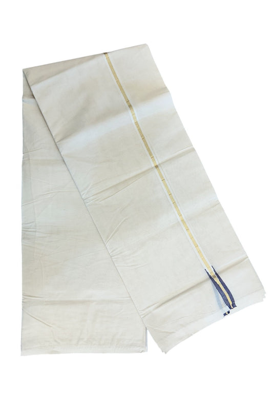 18% Discount New!! KaithariKada Balaramapuram 100% Cotton Double Off white - (Unbleached) -Mundu/Dhoti-100x100 - 1.5 cm Puliyilakkara Chutty Gold Kasavu 4 line & Dark Navy Blue Kara - 36