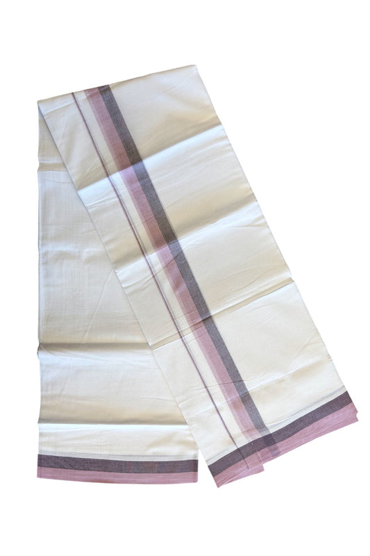 24% DISCOUNT!! Kaitharikada Balaramapuram 100% Cotton Ultra WHITE Double Mundu/Dothi- 100x80 2.25 Inch Flamingo Pink & Grey Striped Cotton Kara - 27KK5067KK