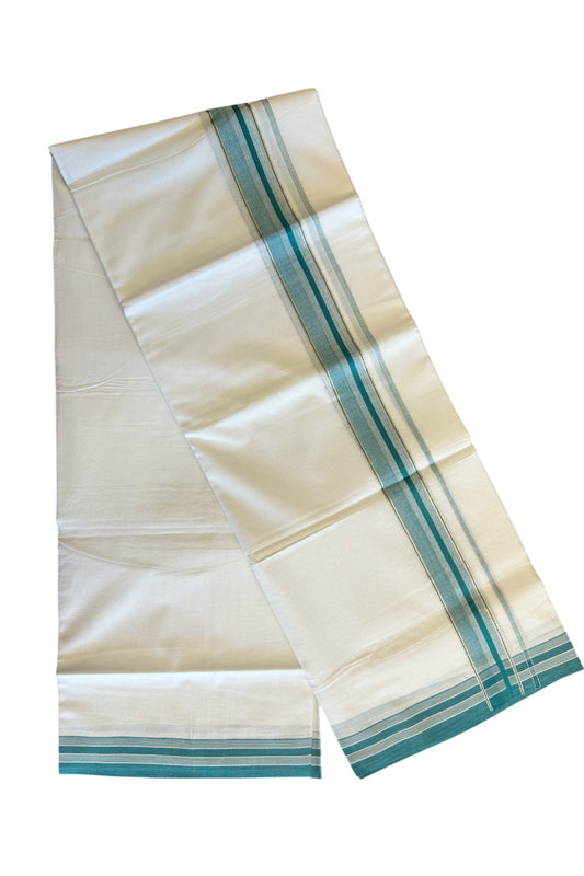 19% DISCOUNT!! Kaitharikada Balaramapuram 100% Cotton Ultra WHITE Double Mundu./Dothi-100x80   2.25 Inch PEACOCK GREEN + SILVER Striped Cotton Kara KK50CHAN- 3.