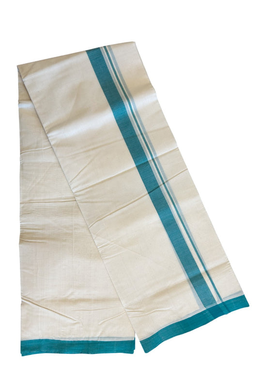 15% DISCOUNT! KaithariKada HANDLOOM UNAKKUPAAV Balaramapuram - 100% PURE Cotton off white (Unbleached) Double Mundu/Dhoti -  1.75 inch Turquoise Green Mulloth Design-92