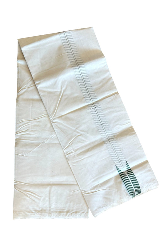 23% DISCOUNT ! KaithariKada 100% Cotton OFF WHITE Double Dhoti/Mundu-  1.5inch 12 Line Green Puliyilakkara Chutty & Silver Kasavu Stripes- 12KK411ASH