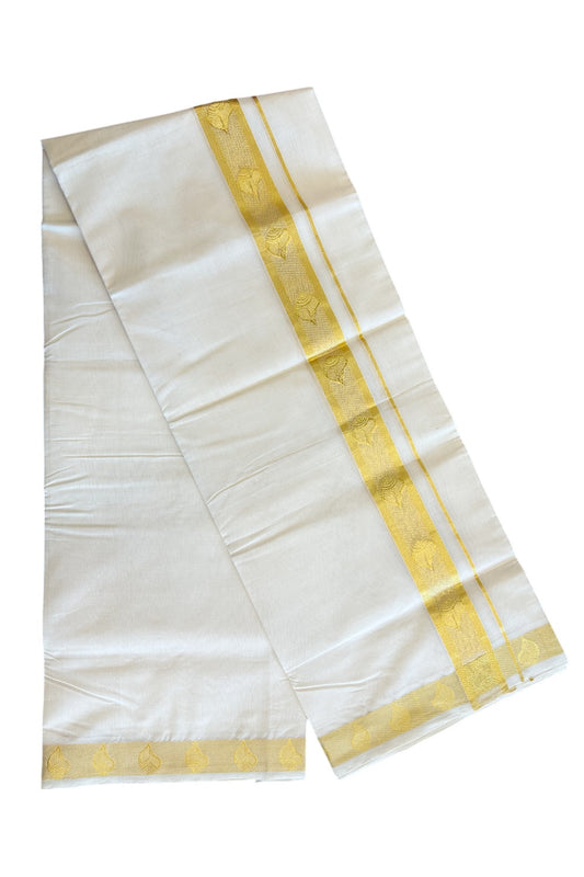 30% DISCOUNT ! KaithariKada HANDLOOM Unakkupaav Balaramapuram - 100% PURE Cotton Off White - (Unbleached) Double Mundu/Dhoti - 2.25 inch Gold Kasavu Design Kara - 27KK5105RAM