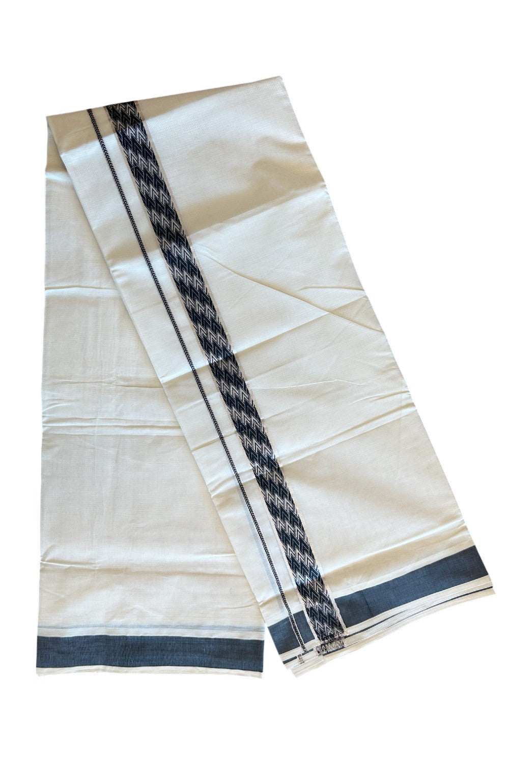 20% DISCOUNT ! KaithariKada Balaramapuram 100% Cotton Double off white  (Unbleached) Mundu/Dhoti - 100X90 - 2.25 inch Silver kasavu & Black design kara - 27KK5113PMC