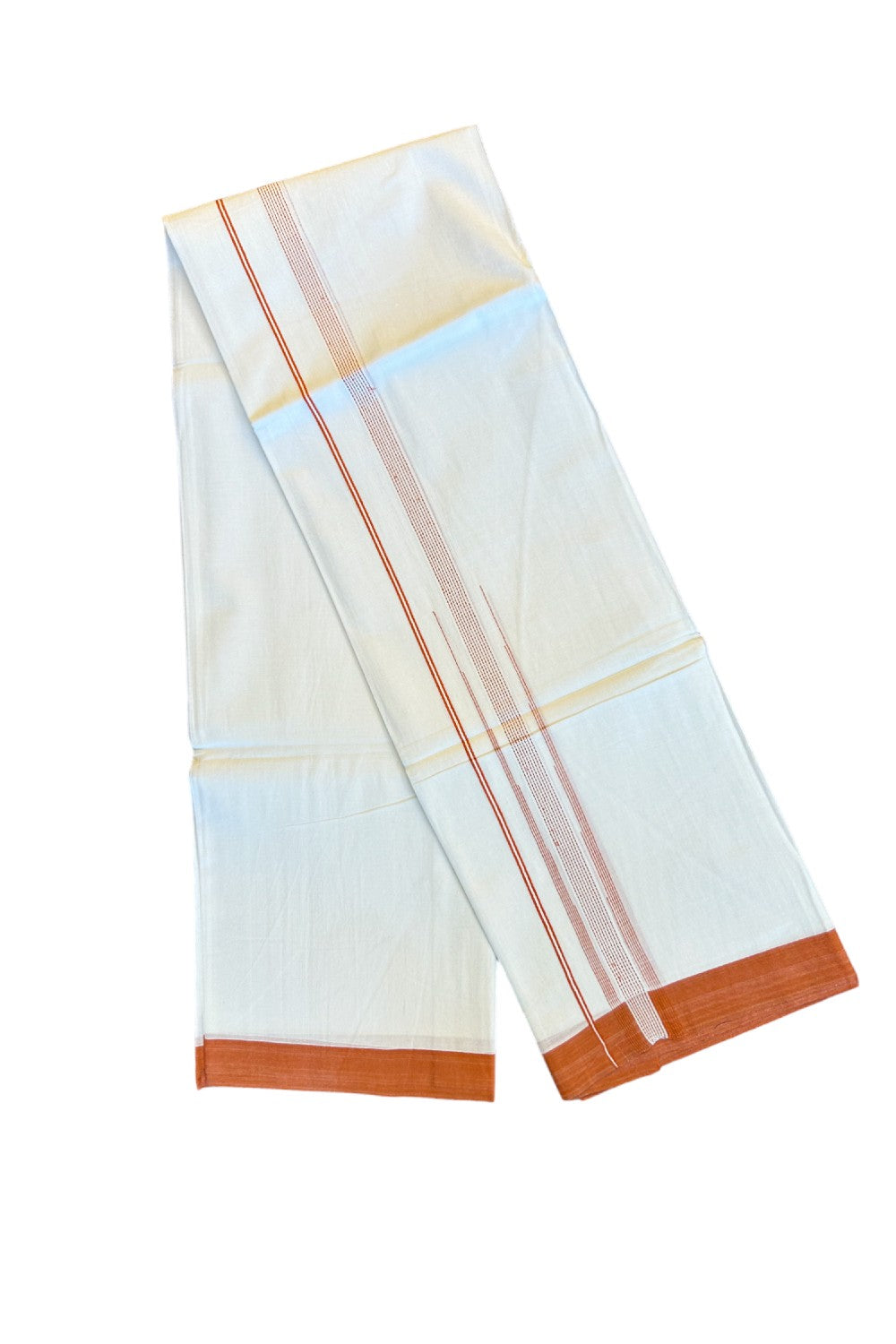 22% DISCOUNT!! Kaitharikada Balaramapuram 100% Cotton Ultra WHITE Double Mundu/Dothi-100x100   2 Inch ORANGE Striped Cotton Kara 3.80m- 27KK74RAM