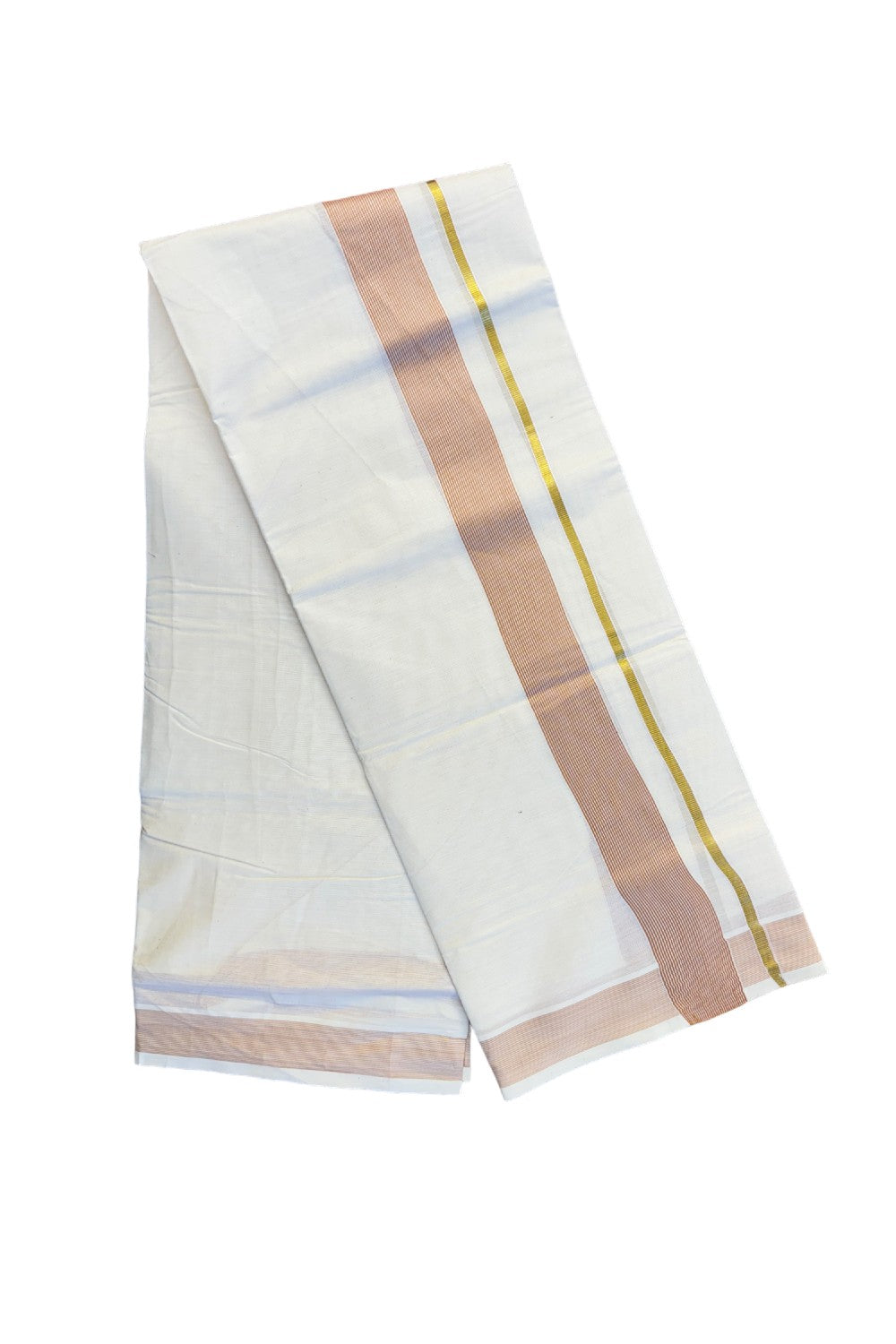 15% DISCOUNT ! KaithariKada Balaramapuram 100%  Cotton off white Double  Mundu/Dhoti - 100X100  kasavu & brown striped kara - 27KK81VIN