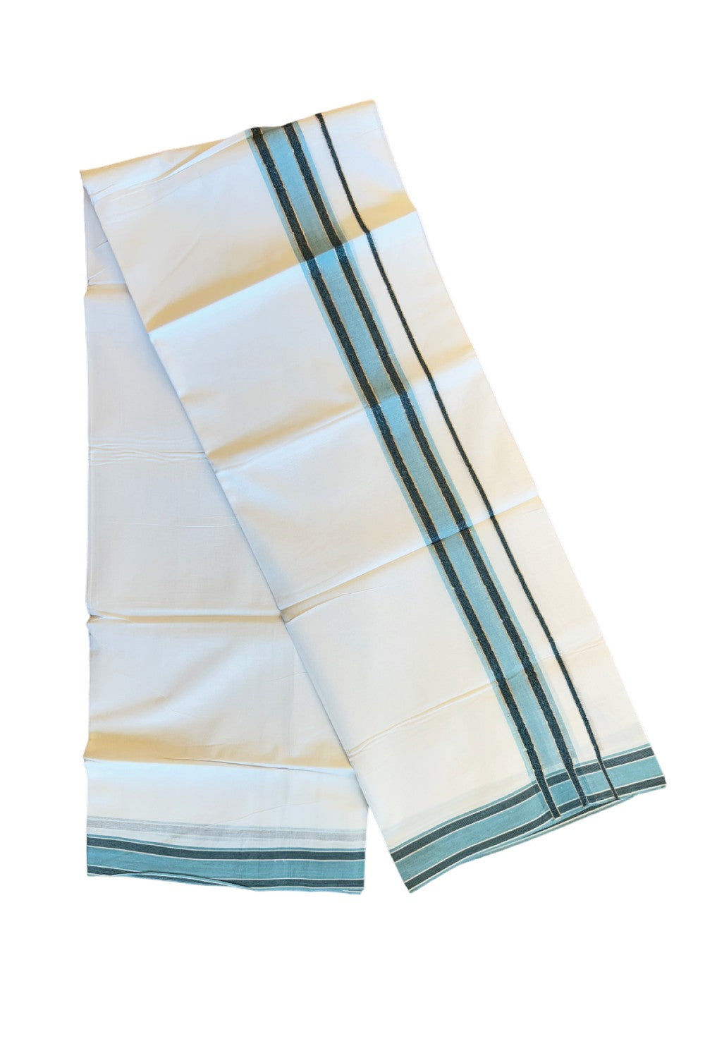 19% DISCOUNT!!! KaithariKada Balaramapuram 100% Cotton Double PURE white Mundu/Dhoti-100x100   2.5 Inch Silver kasavu  sky blue & black shaded  kara  - 27KK83VIN