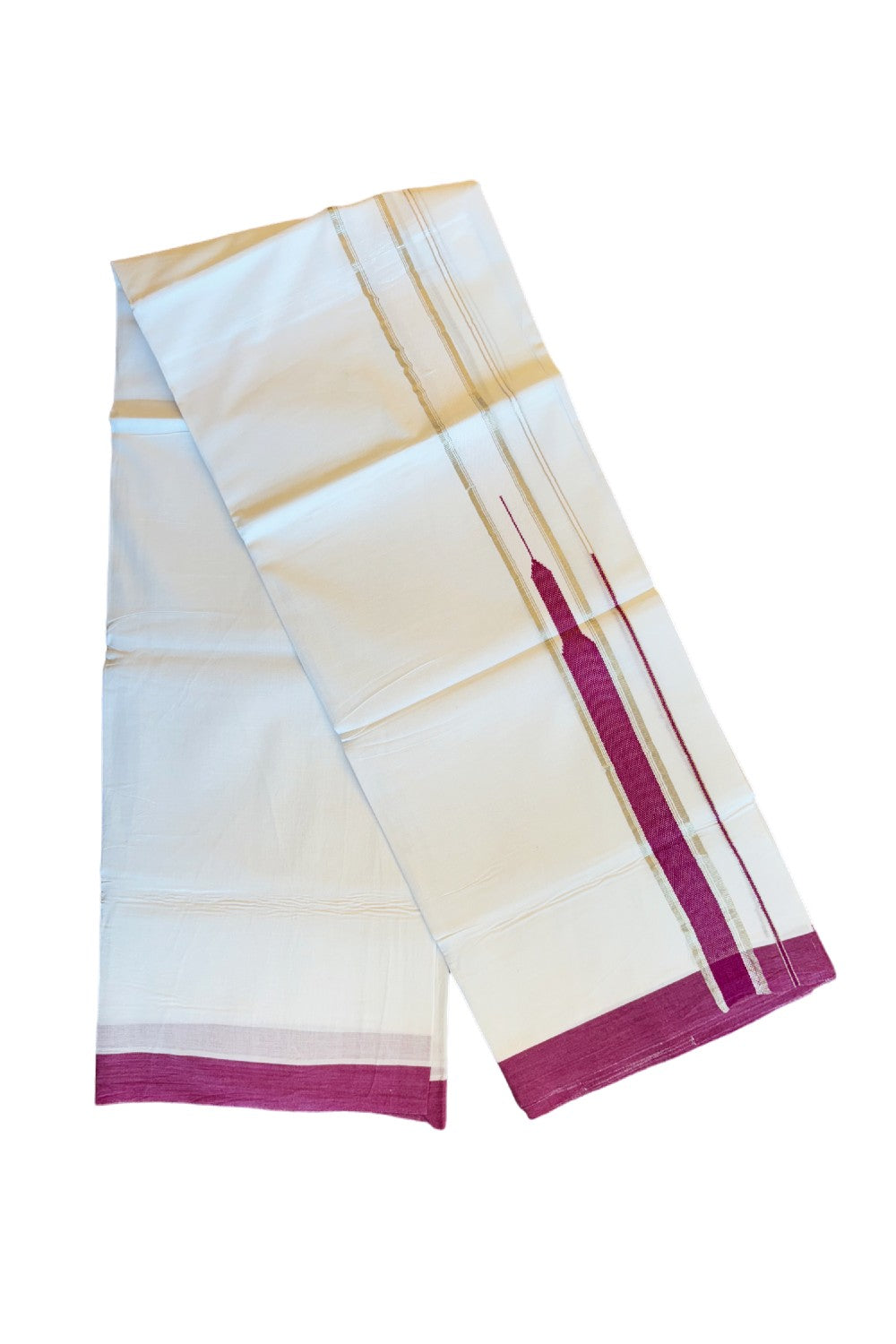 21% DISCOUNT! KaithariKada Balaramapuram 100% Cotton Double PURE white Mundu/Dhoti-100x92  2 Inch  Heavy Designer Chutty MAGENTA & Silver Kasavu Kara- 27KK84CEE