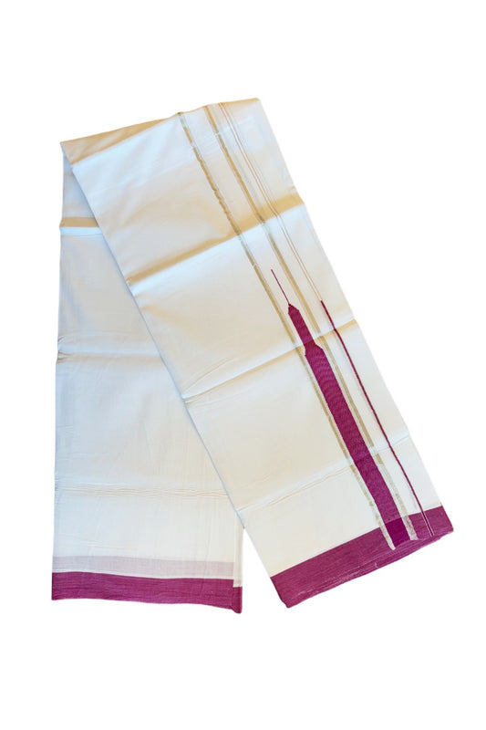 21% DISCOUNT! KaithariKada Balaramapuram 100% Cotton Double PURE white Mundu/Dhoti-100x92  2 Inch  Heavy Designer Chutty MAGENTA & Silver Kasavu Kara- 27KK84CEE