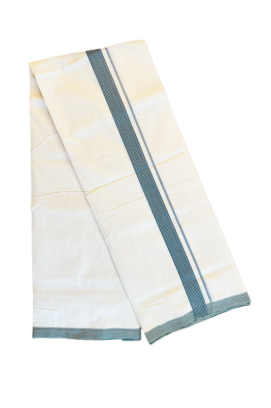 15% DISCOUNT!! KaithariKada HANDLOOM Unakkupaavu Balaramapuram - 100% PURE Cotton OFF White (Unbleached) Double Mundu/Dothi -DARK GREEN Striped 1 inch Kara- KK46SOM-27.