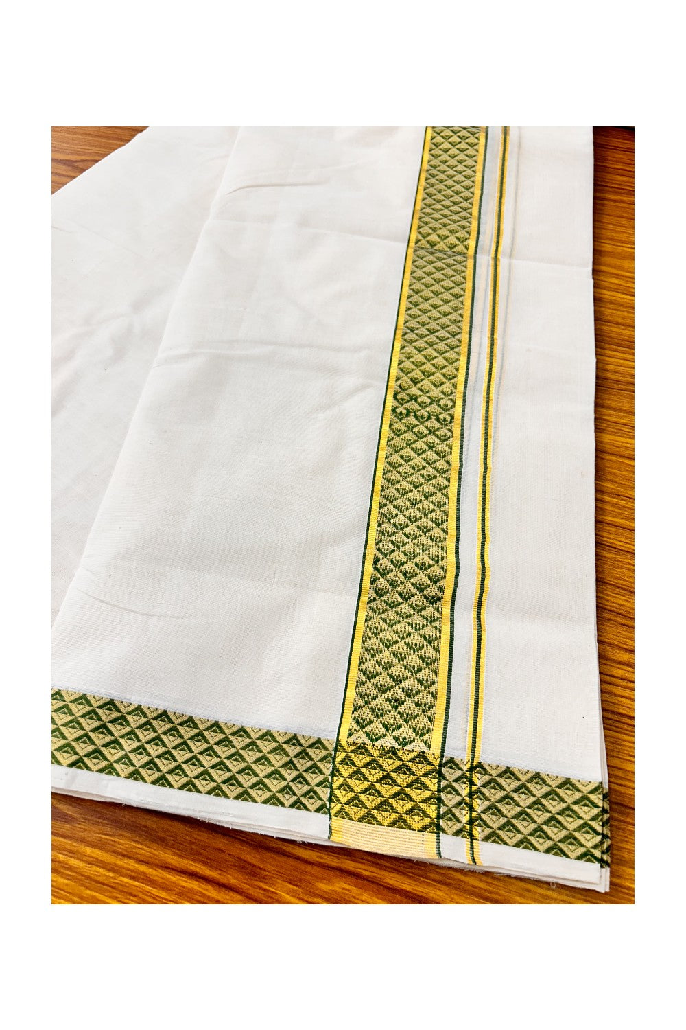 18 % DISCOUNT ! KaithariKada HANDLOOM Unakkupaav Balaramapuram - 100% PURE Cotton 3.75 Meter Off White Double Mundu/Dhoti - Green Check & KASAVU DESIGN 2.5 Inch KARA- ABH27