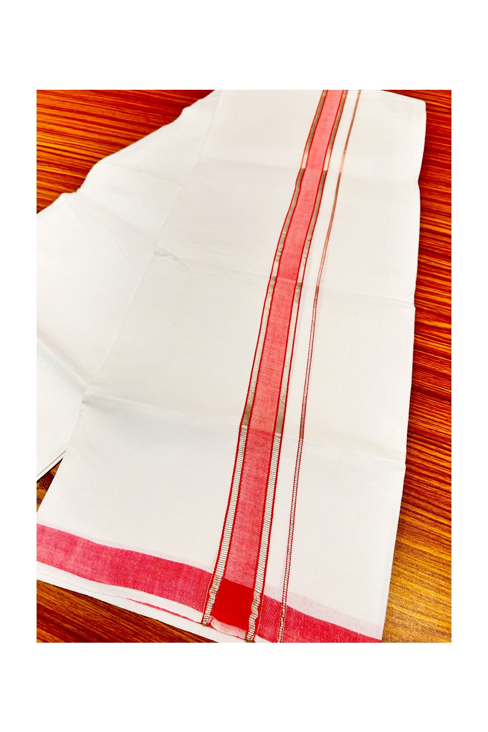 20% OFFER! KaithariKada 100% Cotton Balaramapuram HANDLOOM Single  PURE WHITE Mundu/Dhoti - 2 inch  Red Silver Kasavu Kara &  Stripes Design - 27KAI.