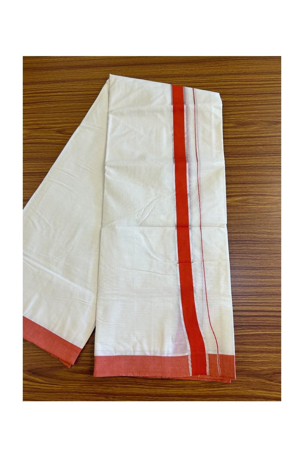 10% DISCOUNT! KaithariKada Balaramapuram 100% Cotton Double Off white Mundu/Dhoti-100X100- 2 inch Orange & Silver  Kara- 27KK500KK