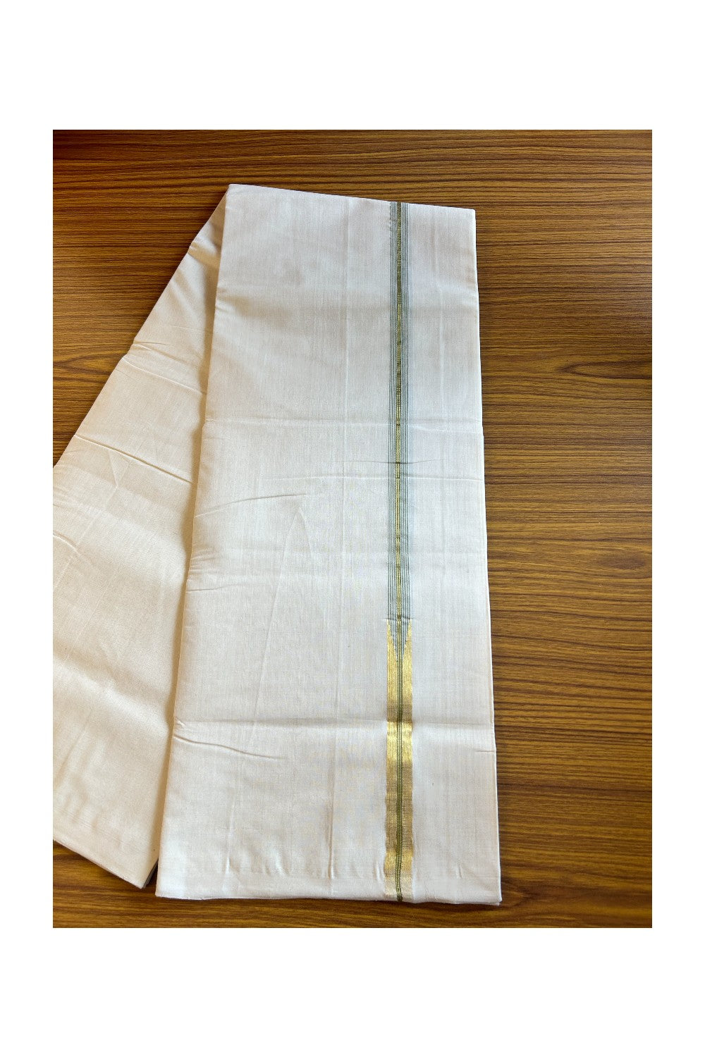 17% DISCOUNT!! KaithariKada HANDLOOM Millpaav Balaramapuram - 100% PURE Cotton OFF White Double - (Unbleached) Mundu/Dothi - 0.75 inch Puliyilakkara long chutty Kasavu & Sage Green stripes kara - 27KK5011RAM