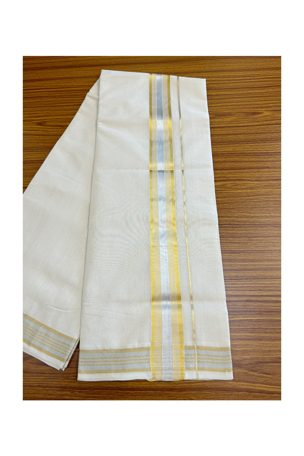 8% DISCOUNT! KaithariKada HANDLOOM Millpaav Balaramapuram - 100% PURE Cotton Off White -  Double Mundu/Dhoti - 2.85 inch Gold Kasavu & silver Stripes Kara - 27KK5029RAM