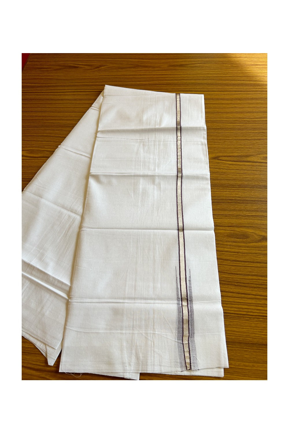 8% Discount ! Kaitharikada Balaramapuram 100% Cotton PURE WHITE Double Mundu/Dothi- 0.5 inch Silver Kasavu & Dark Brown Striped Chutty Kara - 27KK5032GAN