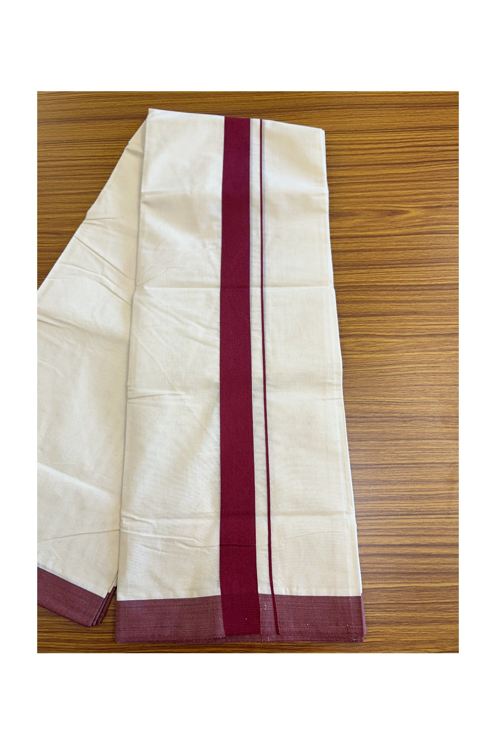 KaithariKada Balaramapuram 100% Cotton Double Off white - (Unbleached) - Mundu/Dhoti-100x100 - 1.5 inch Dark Brown Kara - 4