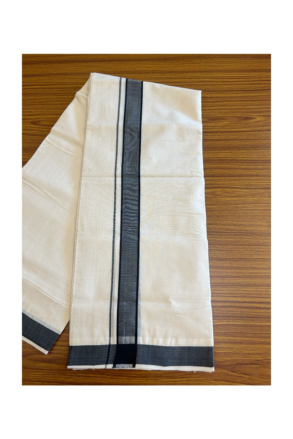 15% DISCOUNT! KaithariKada BALARAMAPURAM HANDLOOM Unakkupaav- 100% PURE Cotton 100x100 Double Mundu/Dhoti OFF WHITE (Unbleached) - Black Stripes Kara