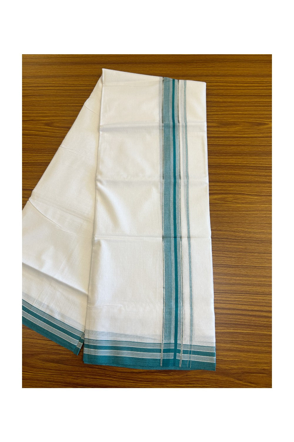 19% DISCOUNT!! Kaitharikada Balaramapuram 100% Cotton Ultra WHITE Double Mundu./Dothi-100x80   2.25 Inch PEACOCK GREEN + SILVER Striped Cotton Kara KK50CHAN- 3.