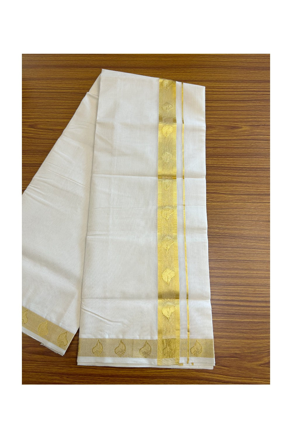 30% DISCOUNT ! KaithariKada HANDLOOM Unakkupaav Balaramapuram - 100% PURE Cotton Off White - (Unbleached) Double Mundu/Dhoti - 2.25 inch Gold Kasavu Design Kara - 27KK5105RAM