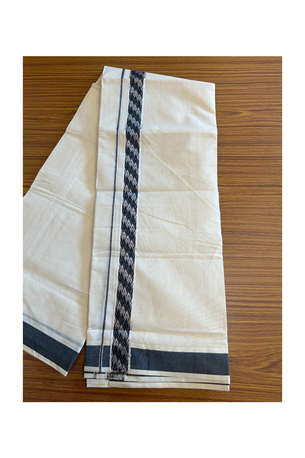 20% DISCOUNT ! KaithariKada Balaramapuram 100% Cotton Double off white  (Unbleached) Mundu/Dhoti - 100X90 - 2.25 inch Silver kasavu & Black design kara - 27KK5113PMC