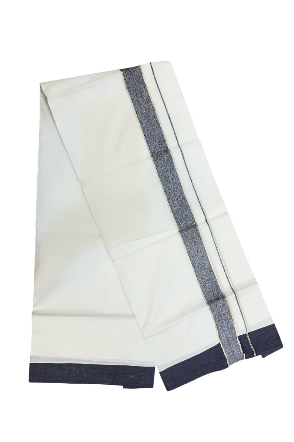 20% Discount !! KaithariKada Balaramapuram Double PURE WHITE Mundu/Dhoti- 100x80 - 1.5 inch Navy Blue Shaded Kara Silver Striped kara - 27KK5143PMC