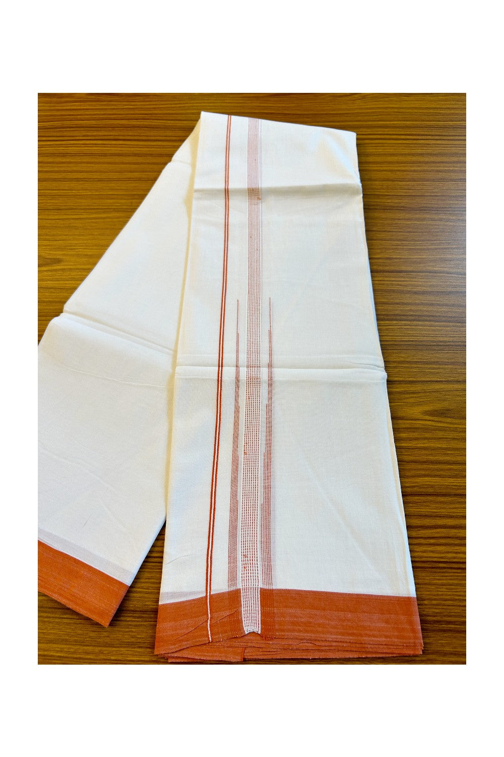 22% DISCOUNT!! Kaitharikada Balaramapuram 100% Cotton Ultra WHITE Double Mundu/Dothi-100x100   2 Inch ORANGE Striped Cotton Kara 3.80m- 27KK74RAM