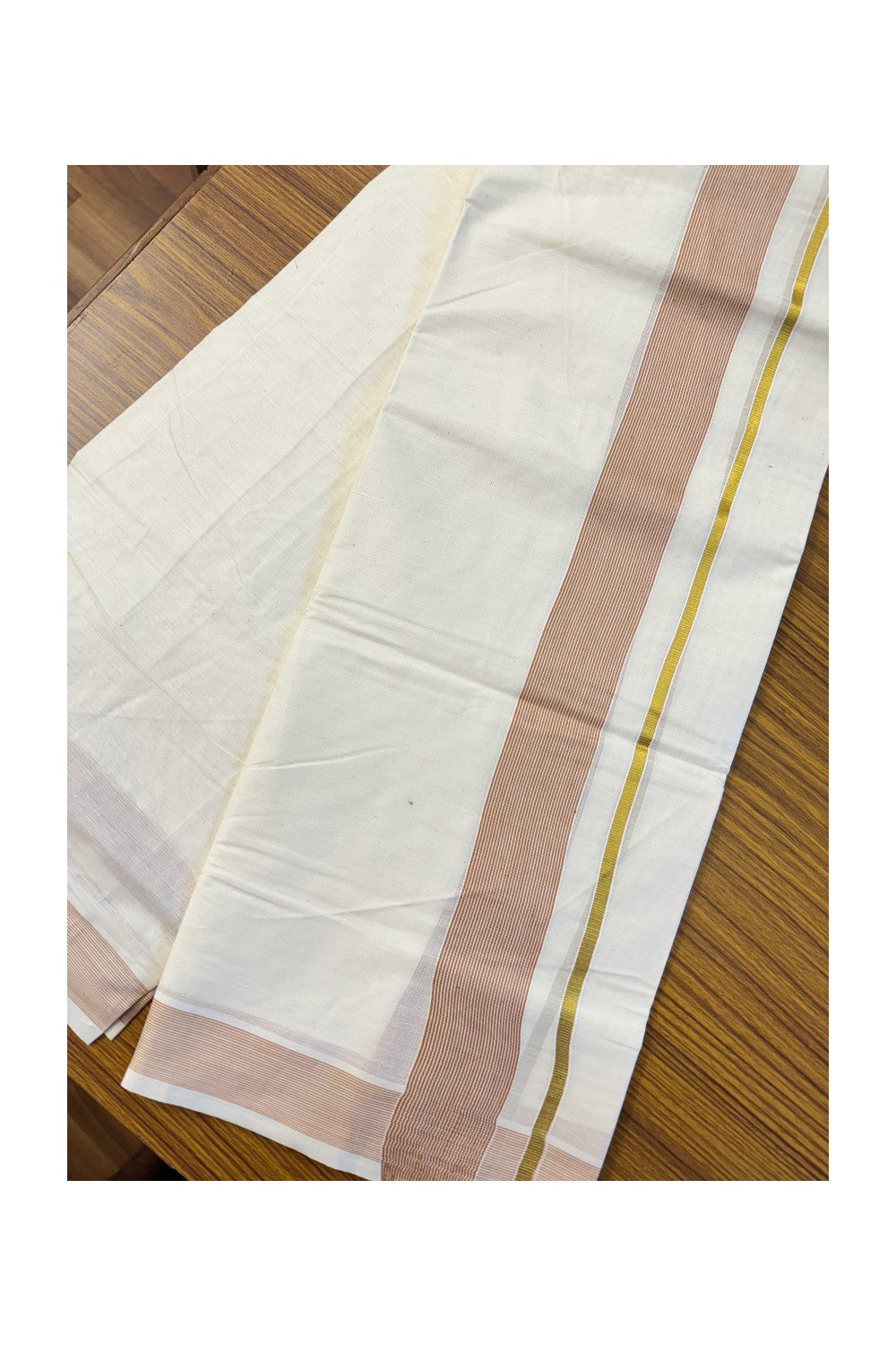 15% DISCOUNT ! KaithariKada Balaramapuram 100%  Cotton off white Double  Mundu/Dhoti - 100X100  kasavu & brown striped kara - 27KK81VIN