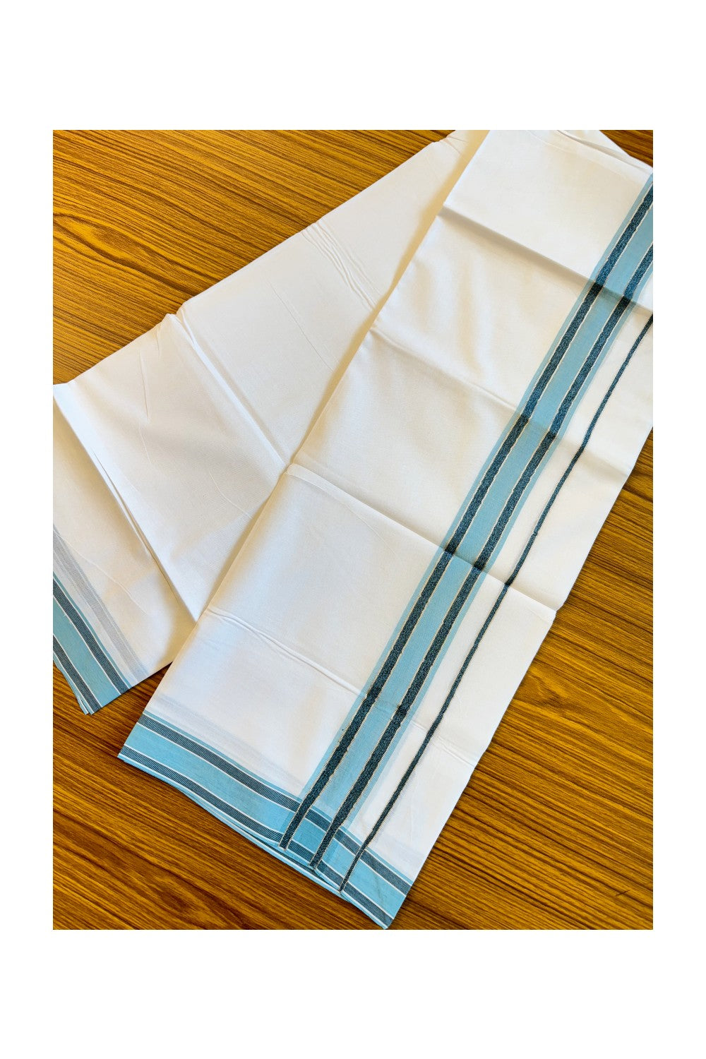 19% DISCOUNT!!! KaithariKada Balaramapuram 100% Cotton Double PURE white Mundu/Dhoti-100x100   2.5 Inch Silver kasavu  sky blue & black shaded  kara  - 27KK83VIN