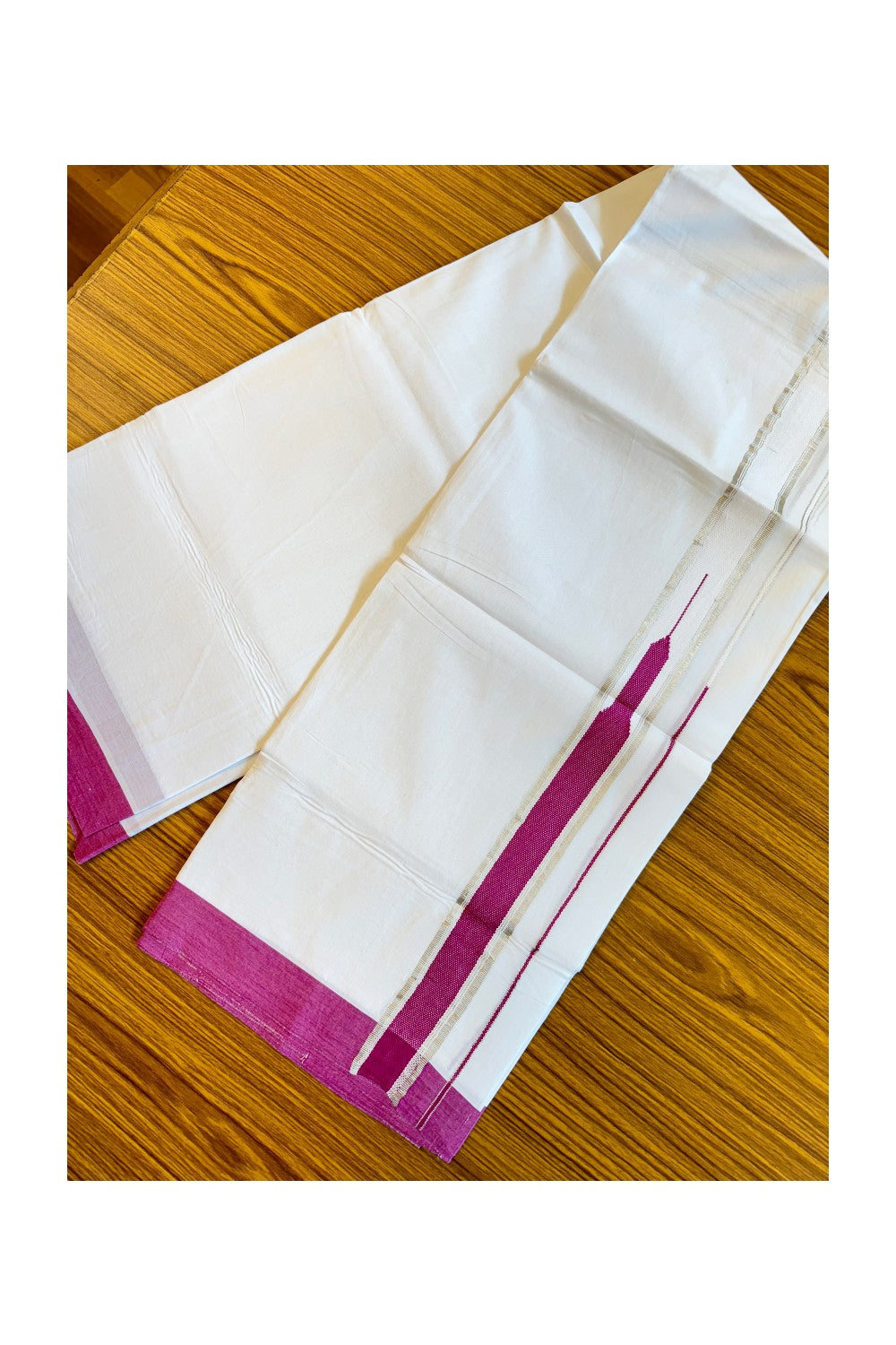 21% DISCOUNT! KaithariKada Balaramapuram 100% Cotton Double PURE white Mundu/Dhoti-100x92  2 Inch  Heavy Designer Chutty MAGENTA & Silver Kasavu Kara- 27KK84CEE